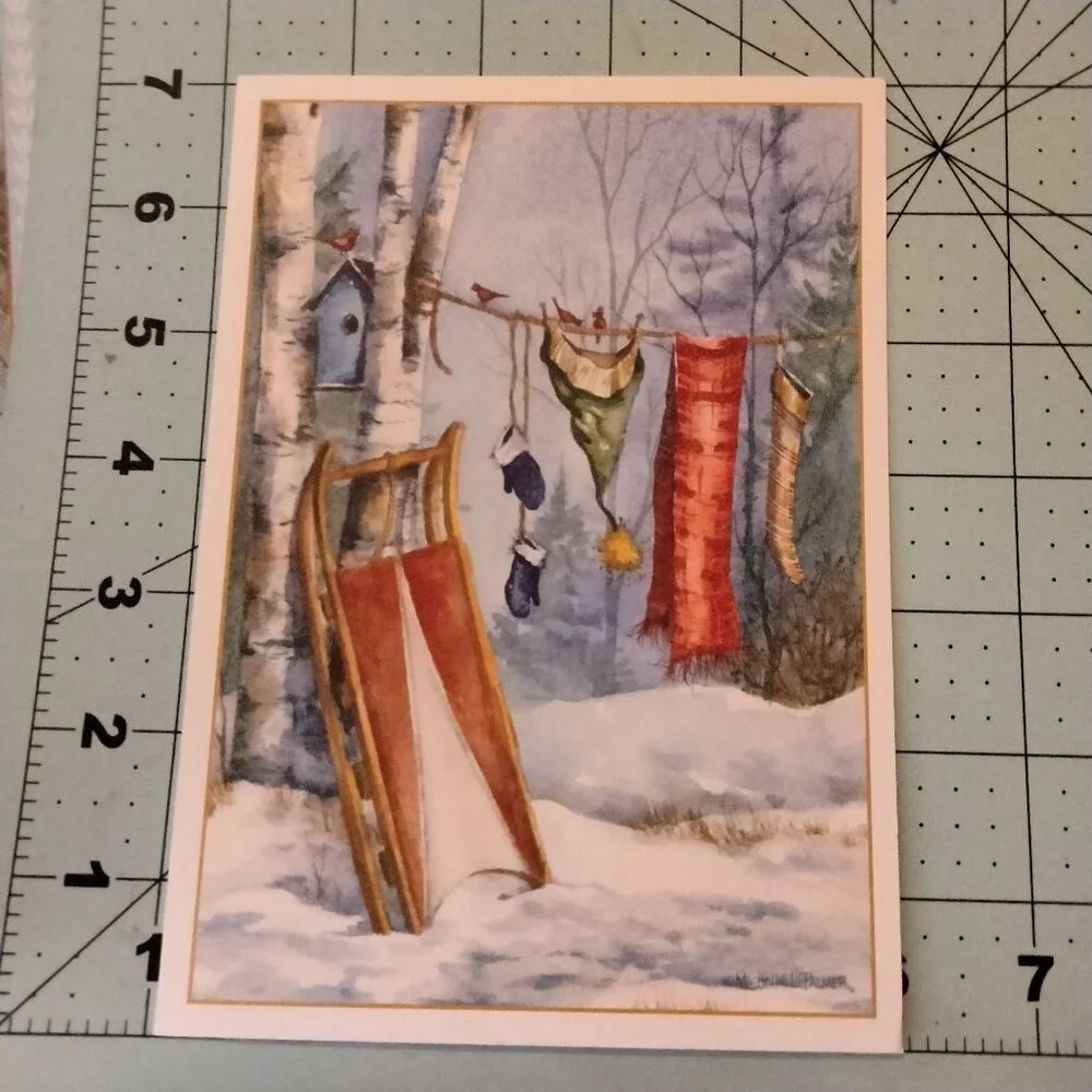 Holiday Greeting Card Vintage Sled Winter Clothes Michelle Palmer